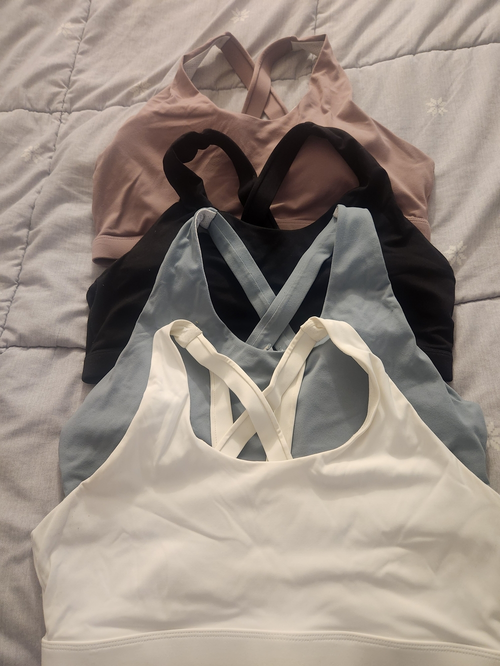 Cross-Back Low-Impact Sports Bralette — White, Light Blue, Black, Mauve